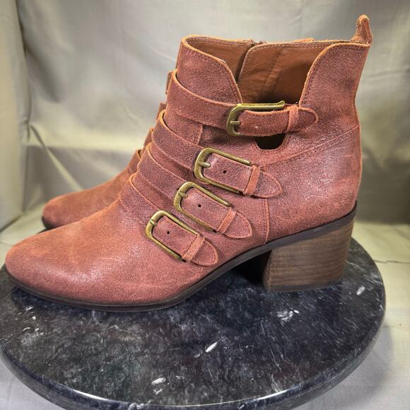 Lucky Brand LORENIAH Brown Leather Ankle Bootie 4 Buckles Size 7.5M US - Picture 1 of 8